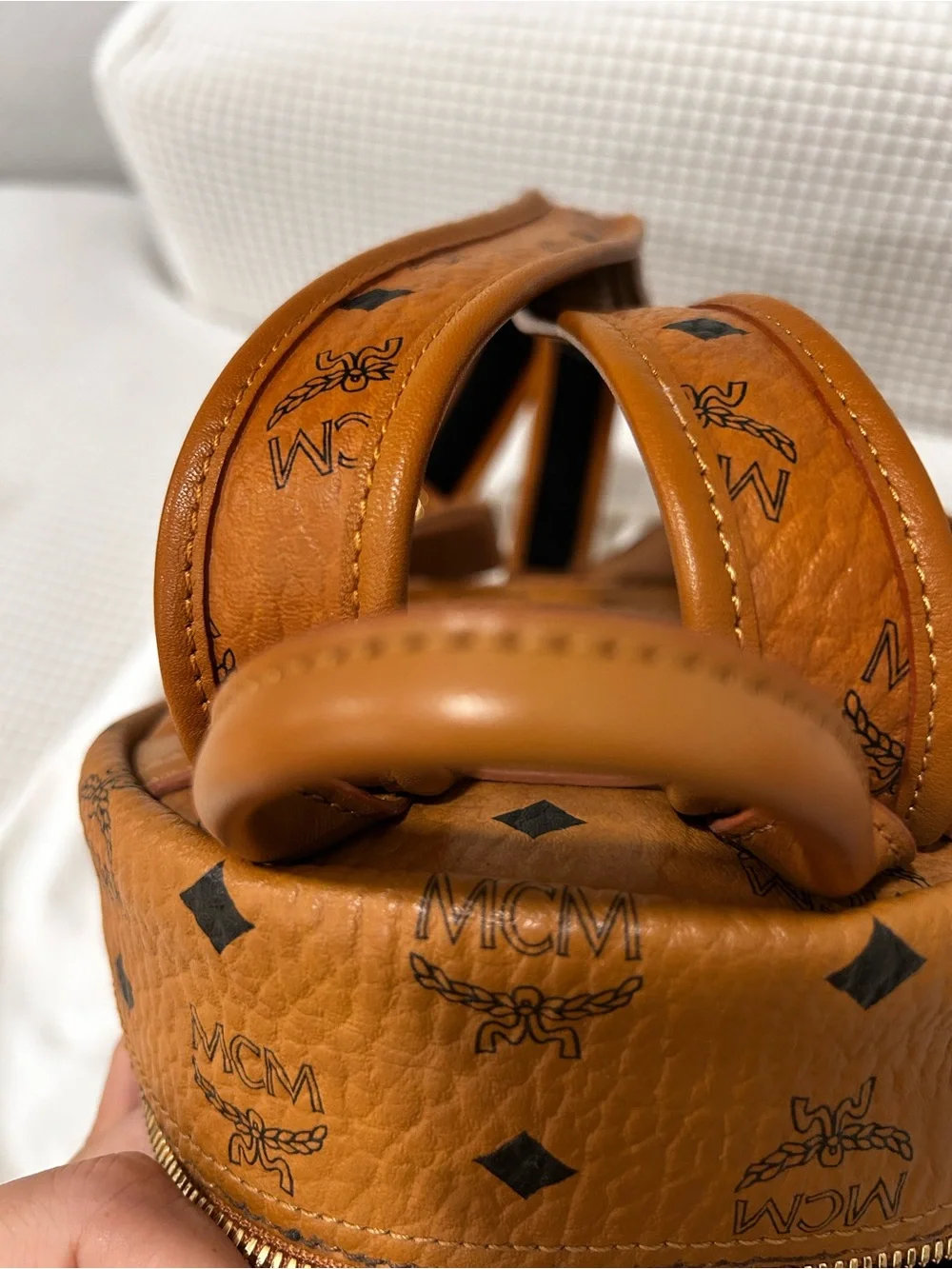 Authentic MCM Cognac Logo Gold Studded Mini Backpack Visetos